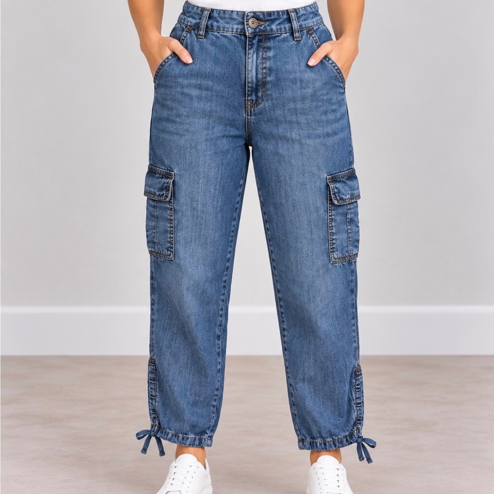 One 5 One Cargo Pants Size M Blue Good Lightweight Tie Hem Denim Look